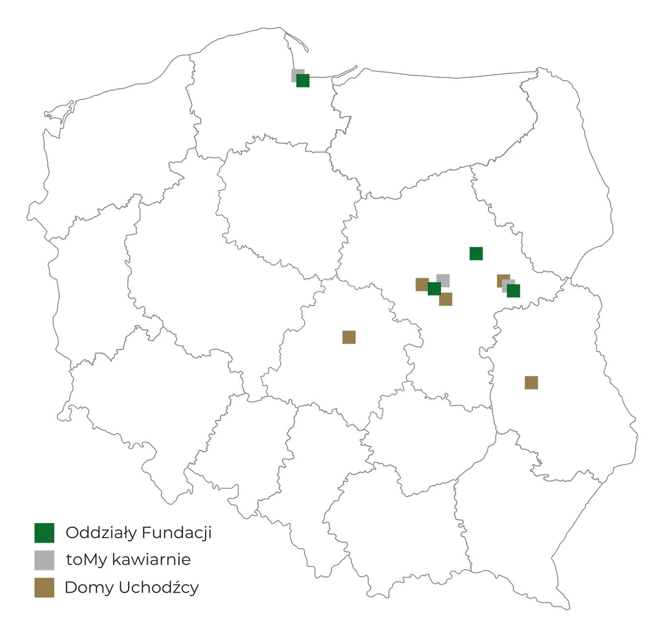 Konturowa mapa Polski z zaznaczonymi oddziałami fundacji, kawiarniami i Domami Uchodźcy