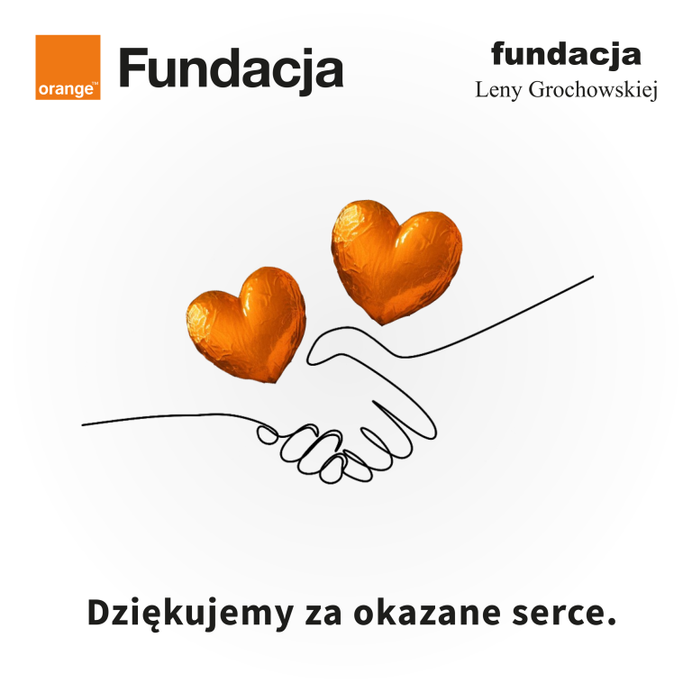 Na grafice dwie uściśnięte dłonie z napisem Dziękujemy za okazane serce. Nad nimi dwa pomarańczowe serca i logo Fundacji Orange i Fundacji Leny Grochowskiej.
