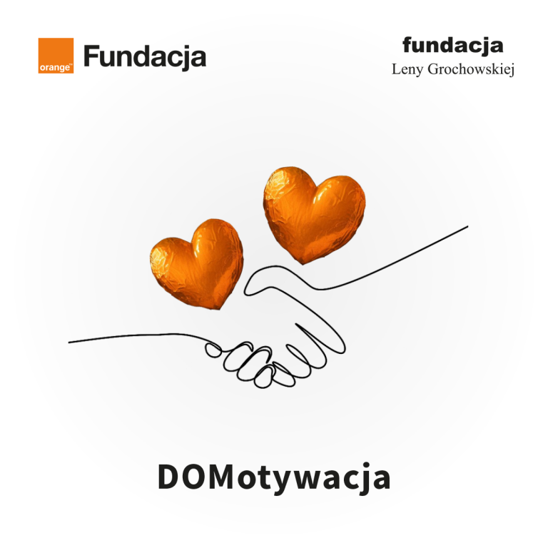 Grafika z dwiema uściśniętymi dłońmi. Nad nimi dwa pomarańczowe serca i logotypy Fundacji Orange i Fundacji Leny Grochowskiej