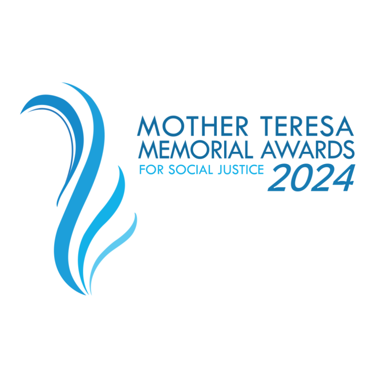 Błękitna grafika z napisem Mother Teresa Memorial Awards for Social Justice 2024