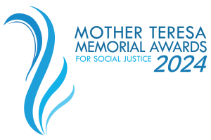 Błękitna grafika z napisem Mother Teresa Memorial Awards for Social Justice 2024