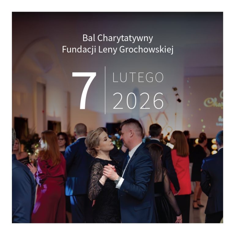 Para tańczy na Balu Charytatywnym Fundacji Leny Grochowskiej. Napis: 7 lutego 2026. W tle elegancko ubrani goście.