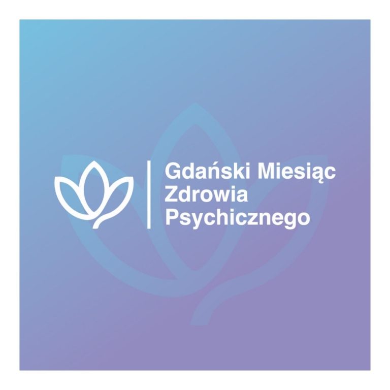 Logo Gdańskiego Miesiąca Zdrowia Psychicznego - kwiat lotosu w bieli na niebiesko-fioletowym tle