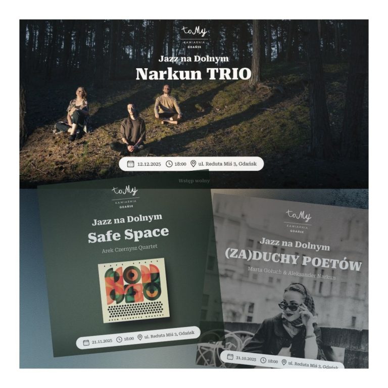 Zbiorcza grafika prezentująca trzy plakaty cyklu ‘Jazz na Dolnym’: Narkun Trio, Safe Space i (Za)Duchy Poetów, wraz z datami i szczegółami koncertów
