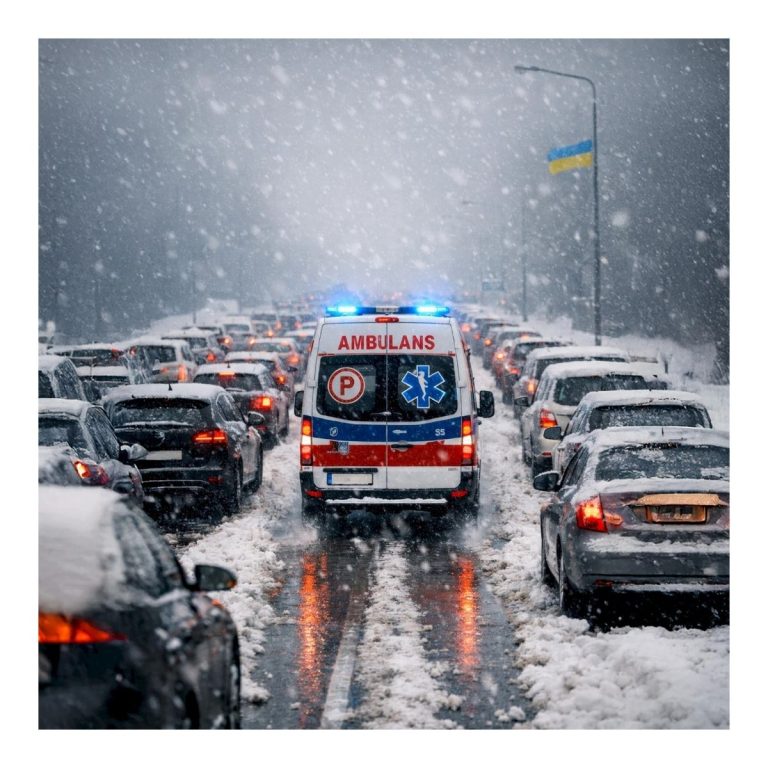 Karetka pogotowia jedzie przez zaśnieżoną, zakorkowaną ulicę, tworząc korytarz życia między stojącymi samochodami, z widoczną flagą Ukrainy