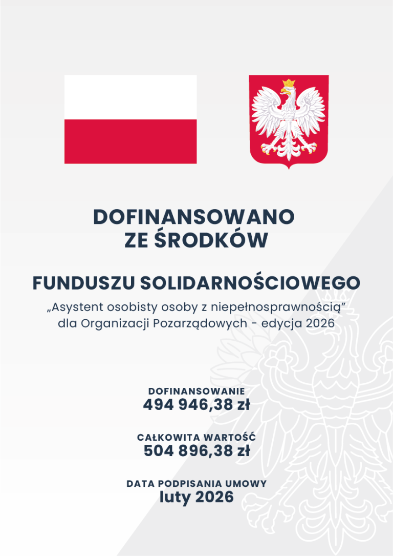 Grafika informacyjna o dofinansowaniu z Funduszu Solidarnościowego na program ‘Asystent osobisty osoby z niepełnosprawnością – edycja 2026’, z flagą Polski i godłem oraz kwotą dofinansowania 494 946,38 zł.