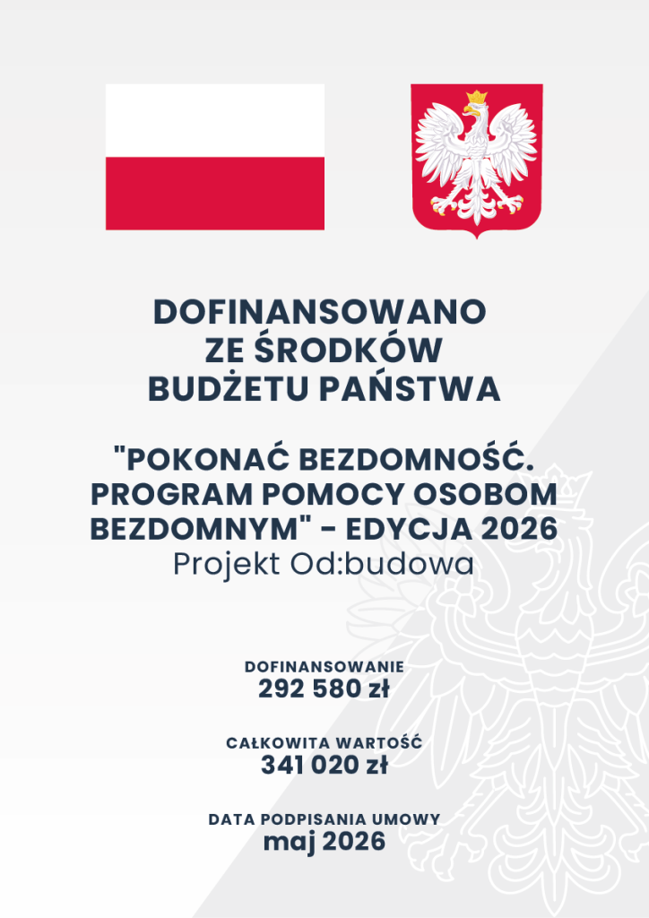 Grafika informująca o dofinansowaniu z budżetu państwa projektu „Pokonać bezdomność. Program pomocy osobom bezdomnym – edycja 2026”, zadania Projekt Od:budowa. Dofinansowanie: 292 580 zł, całkowita wartość projektu: 341 020 zł. Umowę podpisano w maju 2026 roku